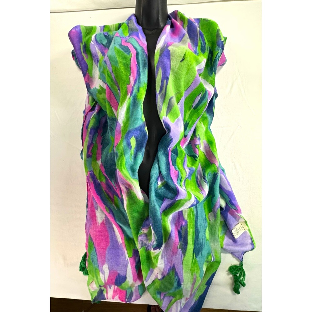 Do everything in Love Abstract Chiffon Square Scarf 36x36 Tassel Purple/Green